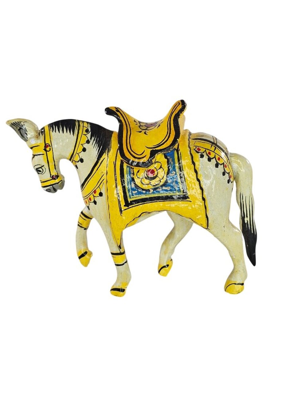 Hand Painted Decorative Horse Figurine Yellow Saddle Folk Art Style Collectible